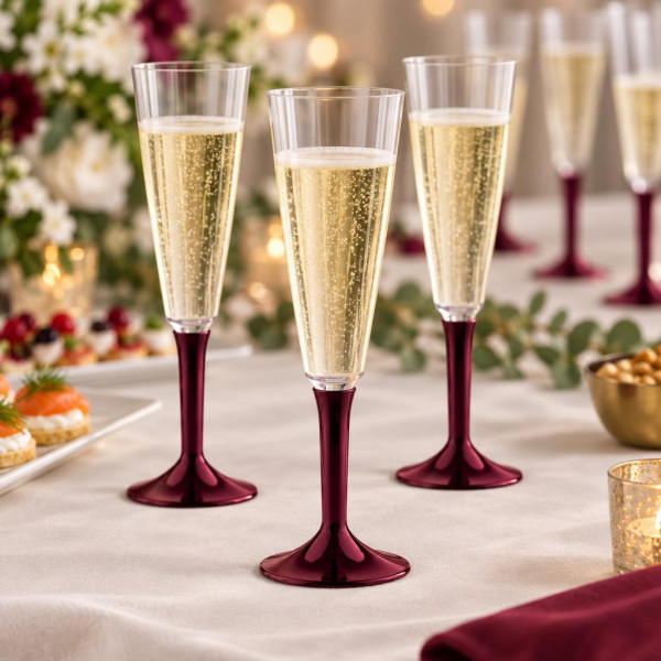 Gambi bordeaux per flute, calici e coppe champagne in plastica - 20 pz