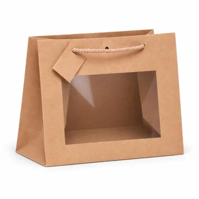 Shopper lusso in carta kraft avana con finestra e manici in cotone 16+8x14 cm Decoration Group
