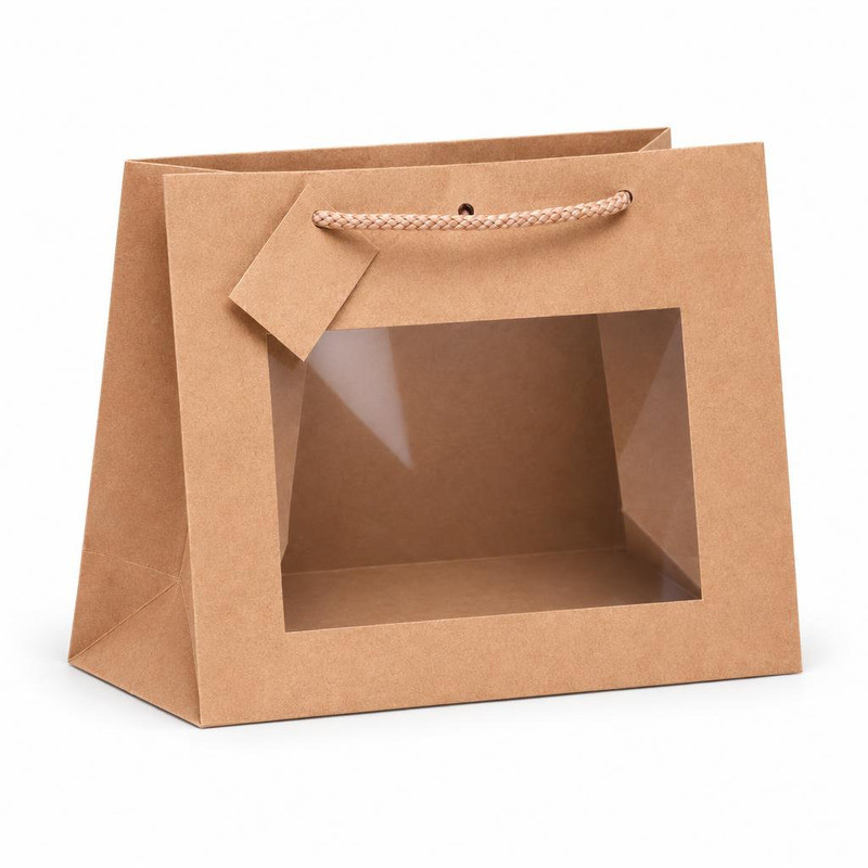 Shopper lusso in carta kraft avana con finestra e manici in cotone 16+8x14 cm Decoration Group