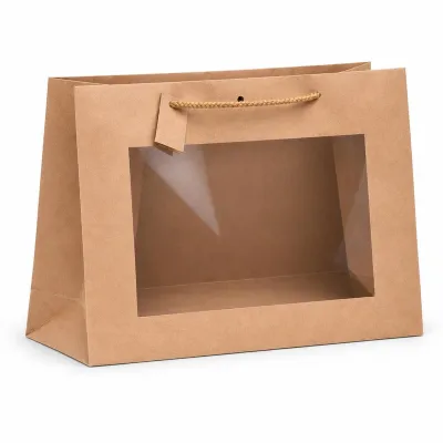 Shopper lusso in carta kraft avana con finestra e manici in cotone 40+15x31 cm Decoration Group