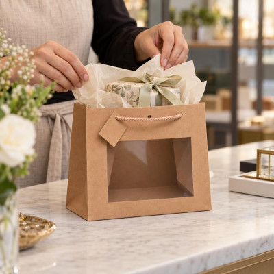 Shopper lusso in carta kraft avana con finestra e manici in cotone 16+8x14 cm Decoration Group