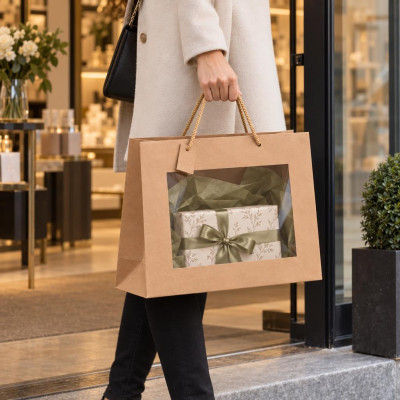 Shopper lusso in carta kraft avana con finestra e manici in cotone 40+15x31 cm Decoration Group