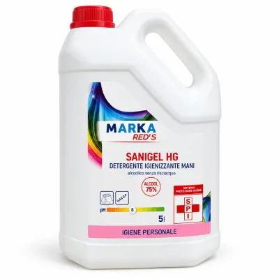 Gel igienizzante mani alcolico 75% senza risciacquo Marka Red's Sanigel HG tanica 5 litri per dispenser HACCP