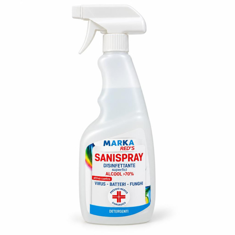 Disinfettante spray per superfici a base di alcol 70% Marka Red's Sanispray PMC 750 ml attivo contro virus, batteri e funghi