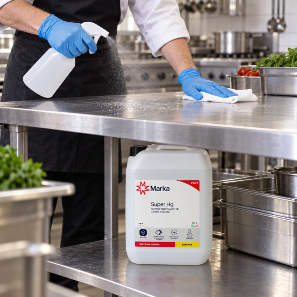 Igienizzante a base alcolica Marka Super Hg 10 litri senza risciacquo per superfici e attrezzature alimentari HACCP