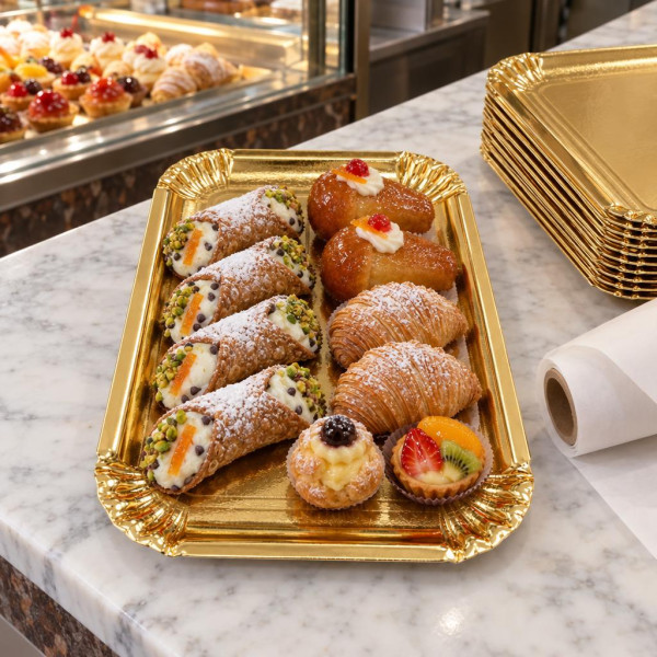 Vassoi oro rettangolari in cartone per pasticceria con bordino, dal N.2 al N.10, confezione da 10 kg Del Pin