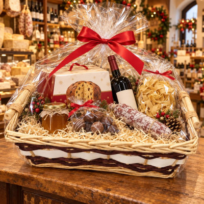 Cesto regalo rettangolare in vimini con fasce marroni e bianche e manici in legno 51 x 38 x 13 cm per cesti natalizi Preda