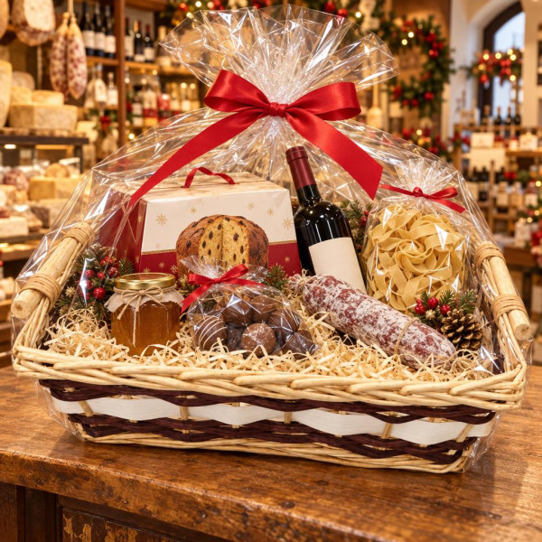 Cesto regalo rettangolare in vimini con fasce marroni e bianche e manici in legno 51 x 38 x 13 cm per cesti natalizi Preda