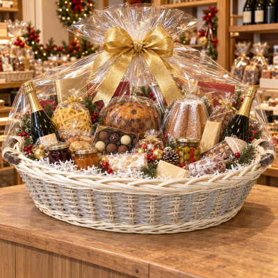 Cesto regalo ovale in vimini in vimini bianco con manici in legno 85 x 65 x 14 cm per cesti natalizi Preda