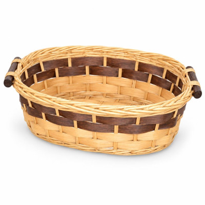 Cesto regalo ovale in vimini con fasce marroni e manici in legno scuro 41 x 33 x 12,5 cm per cesti natalizi Preda