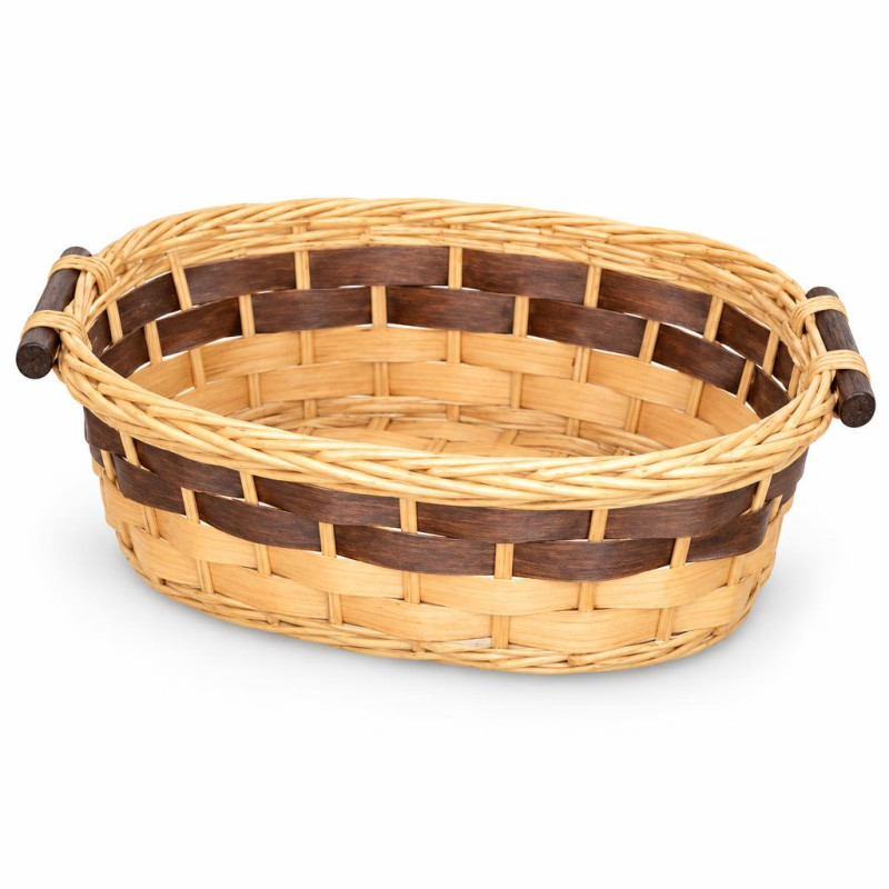 Cesto regalo ovale in vimini con fasce marroni e manici in legno scuro 41 x 33 x 12,5 cm per cesti natalizi Preda