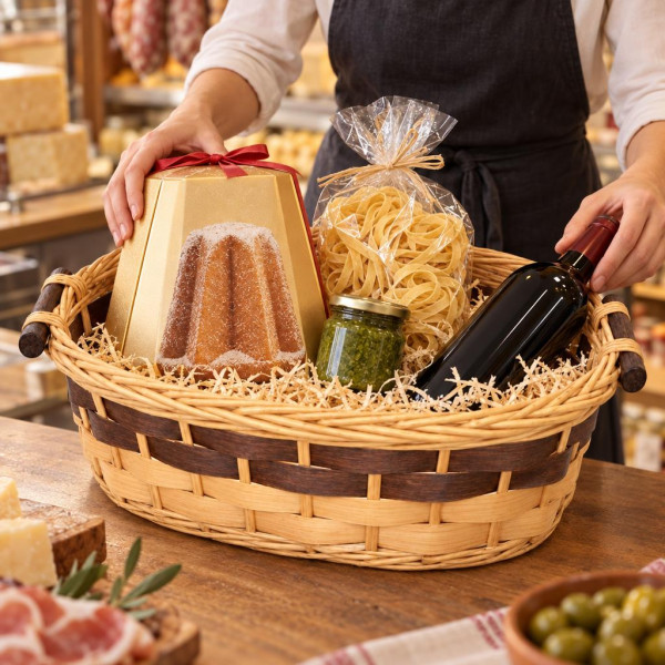 Cesto regalo ovale in vimini con fasce marroni e manici in legno scuro 41 x 33 x 12,5 cm per cesti natalizi Preda
