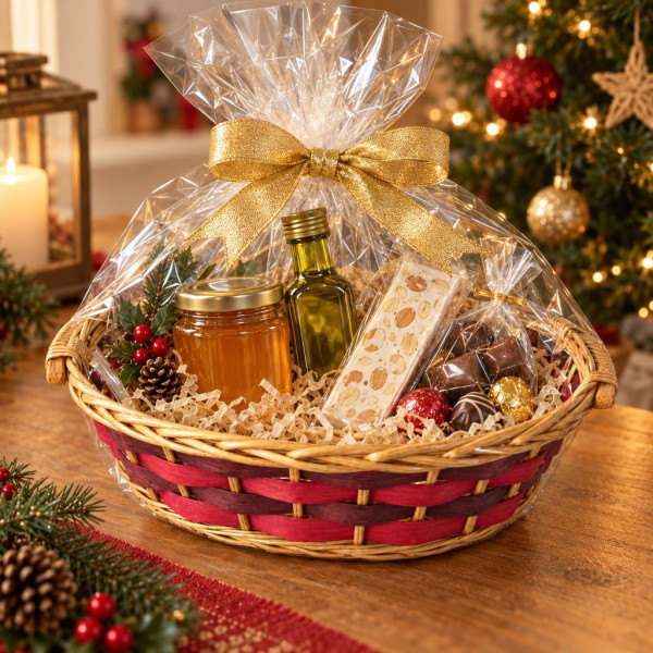 Cesto regalo ovale in vimini con fasce rosse e marroni e piccoli manici 38 x 28 x 10 cm per cesti natalizi Preda