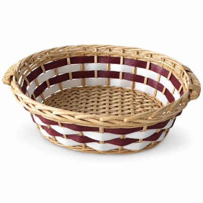 Cesto regalo ovale in vimini con fasce bordeaux e bianche e manici in legno 49 x 40 x 13 cm per cesti natalizi Preda