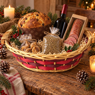 Cesto regalo ovale in vimini con fasce rosse e marroni e manici 49 x 40 x 13 cm per cesti natalizi Preda