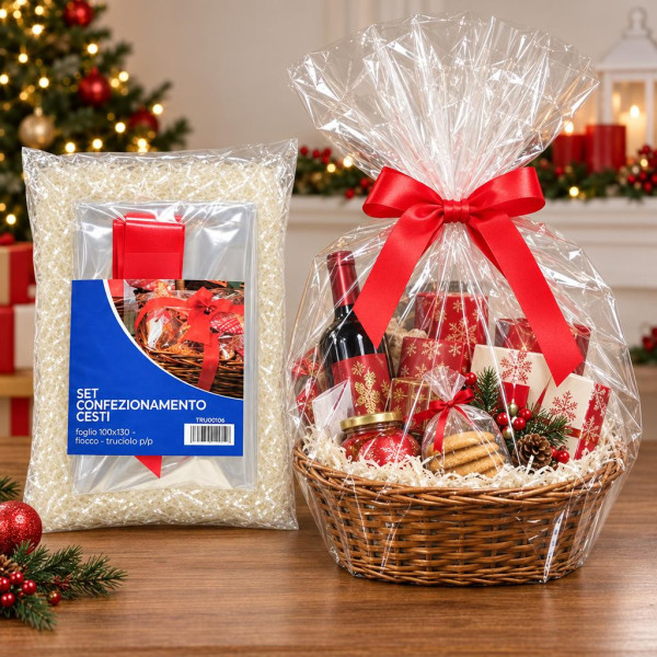Kit confezionamento cesti regalo con foglio cellophane 100x130 cm, fiocco rosso e truciolo neutro Preda