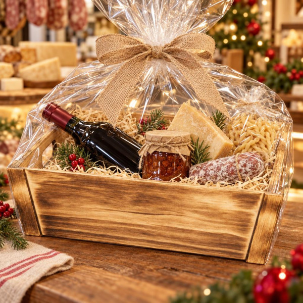 Cassetta vassoio in legno fiammato con maniglie 36 x 26,5 x 10 cm per cesti natalizi e confezioni regalo Preda