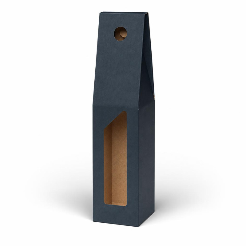 Scatola porta bottiglie in cartoncino 1 posto blu goffrato con finestra 9 x 9 x 38 cm FAG