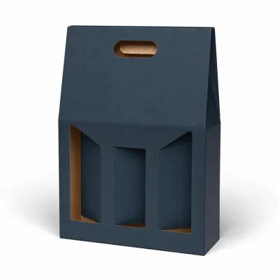 Scatola porta bottiglie in cartoncino 3 posti blu goffrato con finestre 27 x 9 x 38 cm FAG