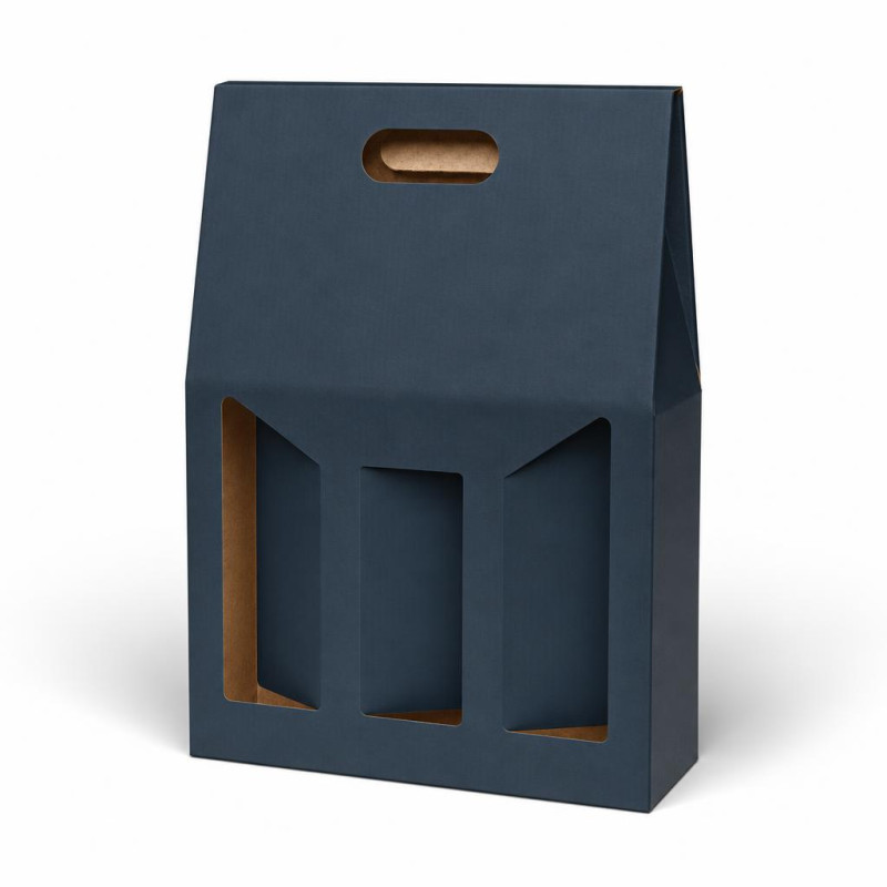 Scatola porta bottiglie in cartoncino 3 posti blu goffrato con finestre 27 x 9 x 38 cm FAG