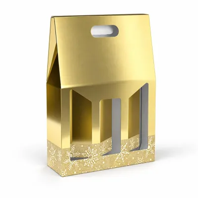 Scatola porta bottiglie in cartoncino 3 posti liscio oro glitter con finestre 27 x 9 x 38 cm FAG