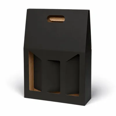 Scatola porta bottiglie in cartoncino 3 posti liscio nero con finestre 27 x 9 x 38 cm FAG