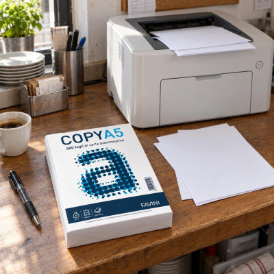 Risma di carta A5 Favini Copy A5 accanto alla stampante