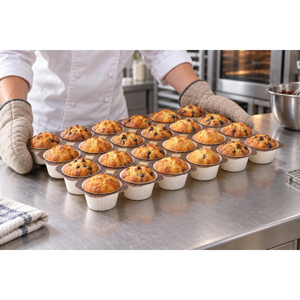 Teglie per muffin in cartoncino con 24 pirottini Novacart NTS 2 oz, base Ø 5 cm h 3,6 cm, da forno - 12 teglie, 288 pirottini