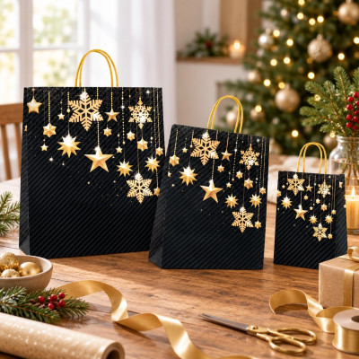 Shopper regalo natalizia Stars nera con stelle oro e maniglie ritorte oro 22+10x29 cm Carpad