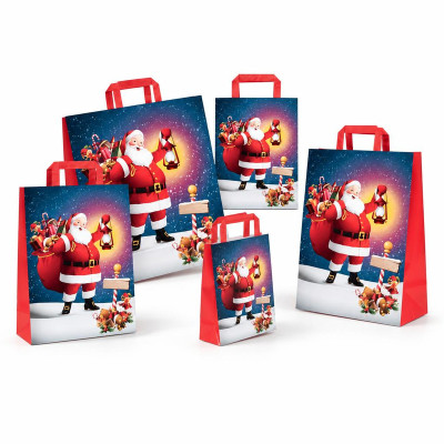 Shopper regalo in carta Babbo Natale con maniglie piatte rosse, varie misure Carpad