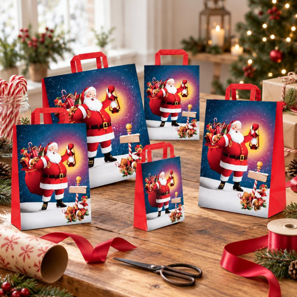 Shopper regalo in carta Babbo Natale con maniglie piatte rosse, varie misure Carpad