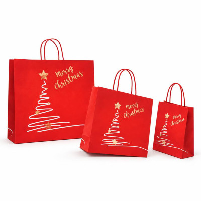 Shopper regalo in carta Xmas Tree J-fold con maniglie ritorte in cotone rosso, varie misure Carpad