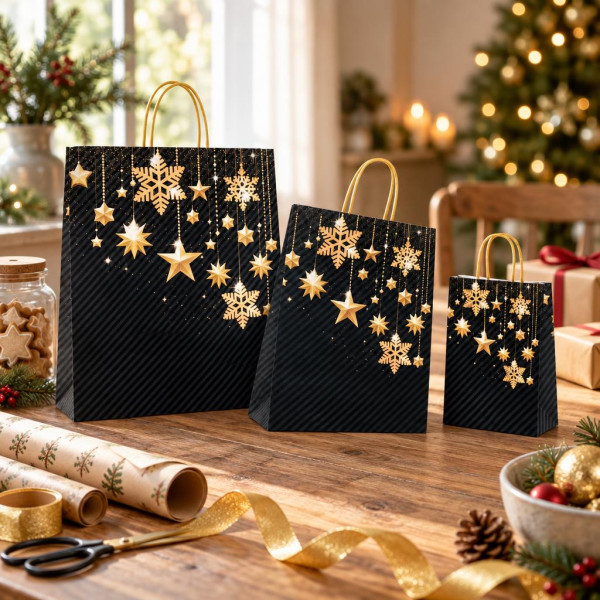 Shopper regalo natalizia Stars nera con stelle oro e maniglie ritorte oro 32+17x45 cm Carpad