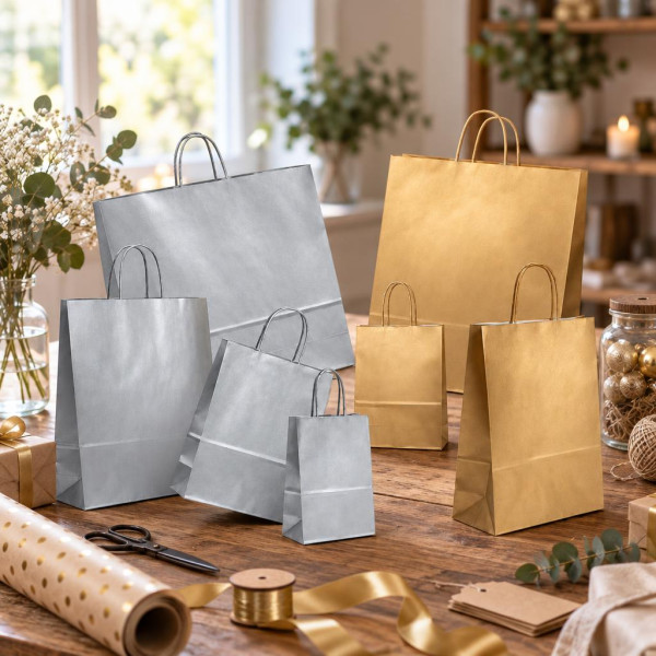 Shopper regalo in carta Argento e Oro con maniglie ritorte in tinta, varie misure Carpad