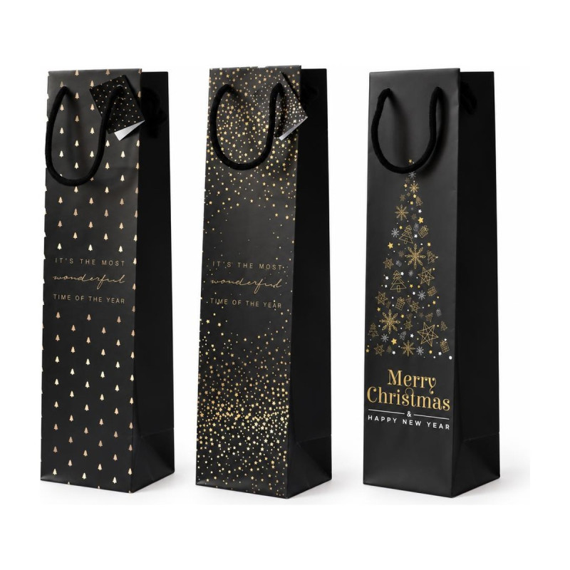 Busta portabottiglie Black Christmas nera con stampe oro assortite 10+9x39 cm Decoration Group