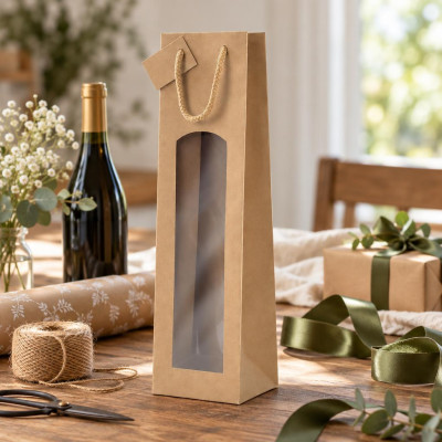 Busta portabottiglie in carta kraft avana con finestra e manici in cotone 9+8,5x37 cm Decoration Group