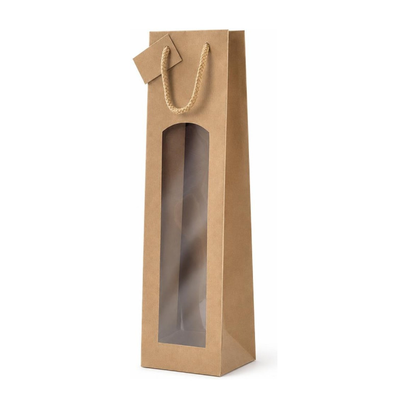 Busta portabottiglie in carta kraft avana con finestra e manici in cotone 9+8,5x37 cm Decoration Group