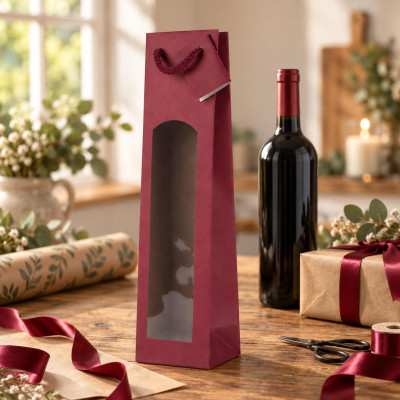 Busta portabottiglie in carta kraft bordeaux con finestra e manici in cotone 9+8,5x37 cm Decoration Group