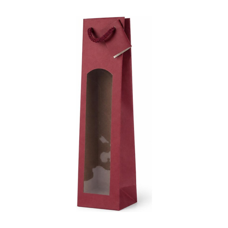Busta portabottiglie in carta kraft bordeaux con finestra e manici in cotone 9+8,5x37 cm Decoration Group