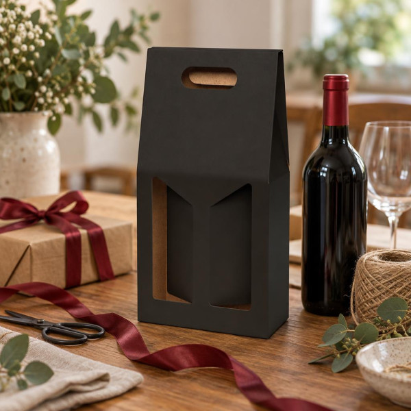 Scatola porta bottiglie in cartoncino 2 posti liscio nero