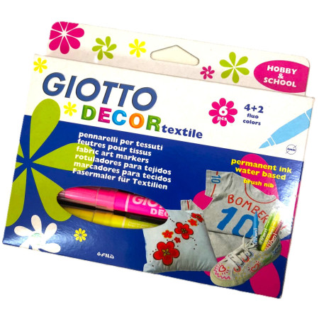 Pennarelli per tessuti Giotto Decor Textile punta a pennello tratto 1-3 mm, resistenti al lavaggio a 40 °C, colori assortiti - 6