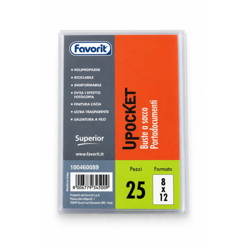 Buste a sacco portadocumenti Favorit Upocket 8x12 cm in polipropilene trasparente apertura lato corto - 25 pz