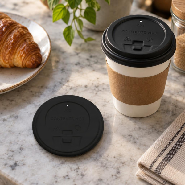 Coperchi neri in PS con beccuccio per bicchieri in cartoncino da 240 ml (8 oz) Ø 8 cm Dampe - 50 pz
