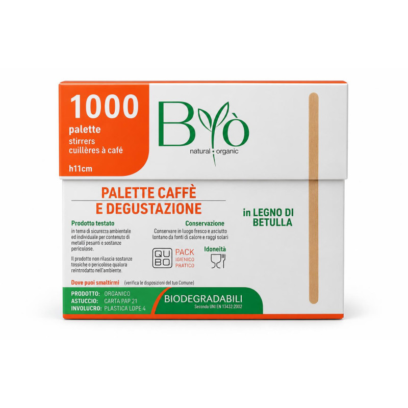 Palettine da caffè in legno di betulla 11 cm in scatola dispenser Brenta Byò biodegradabili - 1000 pz
