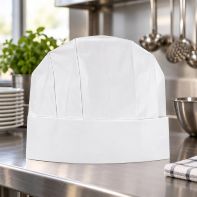 Cappelli da cuoco monouso chiusi Grand Chef in carta crespata bianca alti 23 cm regolabili Crown Chef - 20 pz