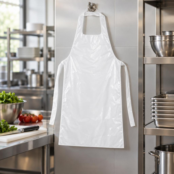 Grembiuli monouso in polietilene bianco impermeabili con pettorina 122x70 cm Defender 11 Walking - 100 pz