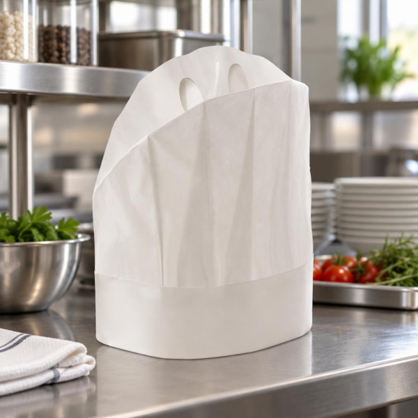 Cappelli da cuoco monouso chiusi Grand Chef in carta crespata bianca alti 30 cm regolabili Crown Chef - 20 pz