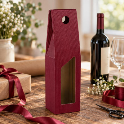 Scatola porta bottiglie in cartoncino 1 posto cannetè bordeaux con finestra FAG