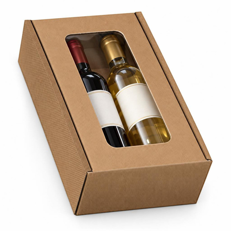 Cofanetto porta 2 bottiglie in cartone cannetè avana con finestra 20x33,5x9 cm FAG