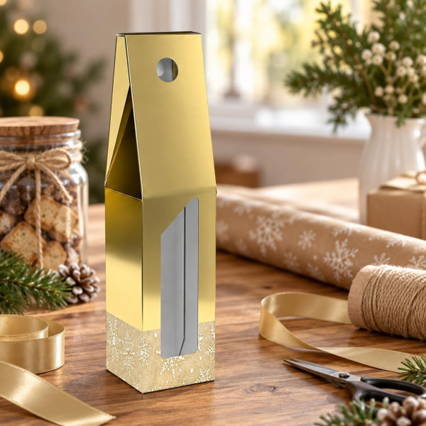 Scatola porta bottiglie in cartoncino 1 posto liscio oro glitter con finestra FAG